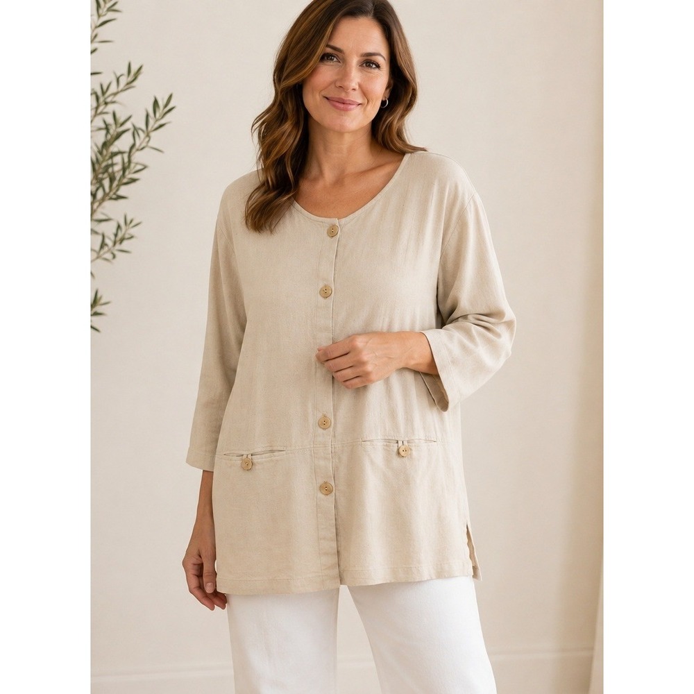 COLDWATER CREEK Organic Cotton Button Front Pocket Tunic Minimalist Beige Sz L